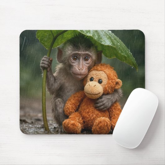 Macaque Monkey with a Stuffed Orangutan Muismat (Met muis)