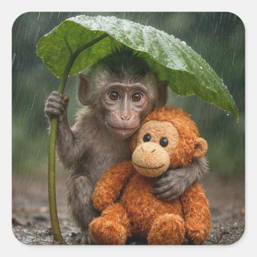 Macaque Monkey with Orange Orangutan Vierkante Sticker (Voorkant)