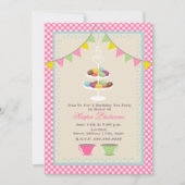 Macaron Birthday Tea Party Invitation roze Gingham Kaart (Voorkant)