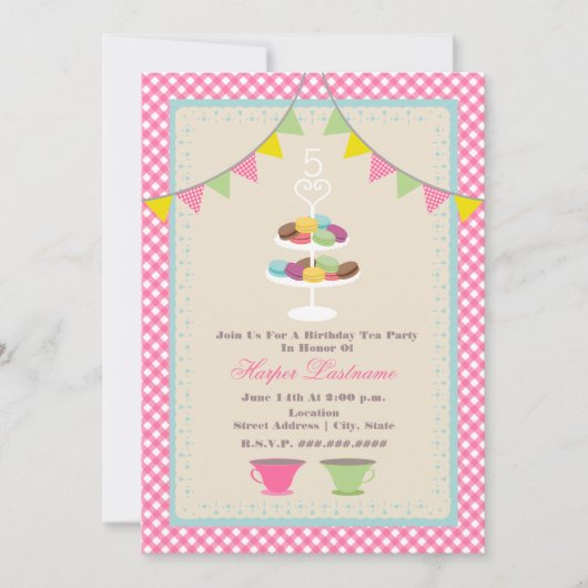 Macaron Birthday Tea Party Invitation roze Gingham Kaart (Voorkant)