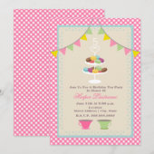 Macaron Birthday Tea Party Invitation roze Gingham Kaart (Voorkant / Achterkant)