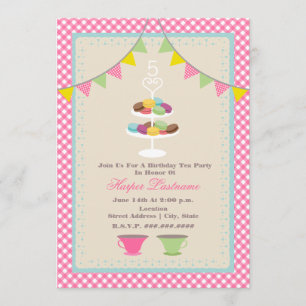 Macaron Birthday Tea Party Invitation roze Gingham Kaart