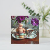 Macaron, Coffee and Vase of Purple Flowers Kaart (Staand voorkant)