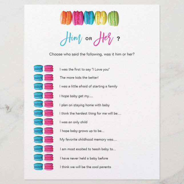 Macaron Tea Him of Hare Bridal Baby shower Game (Voorkant)