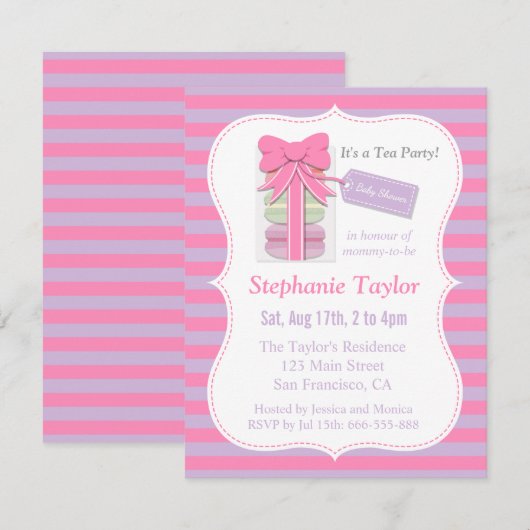 Macaron Tea Party Baby shower, Roze en Paars Kaart (Voorkant / Achterkant)