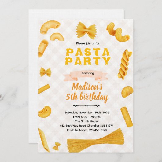Macaroni Pasta Themed Birthday Invitation Kaart (Voorkant / Achterkant)