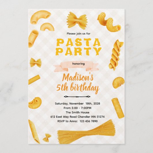 Macaroni Pasta Themed Birthday Invitation Kaart (Voorkant)