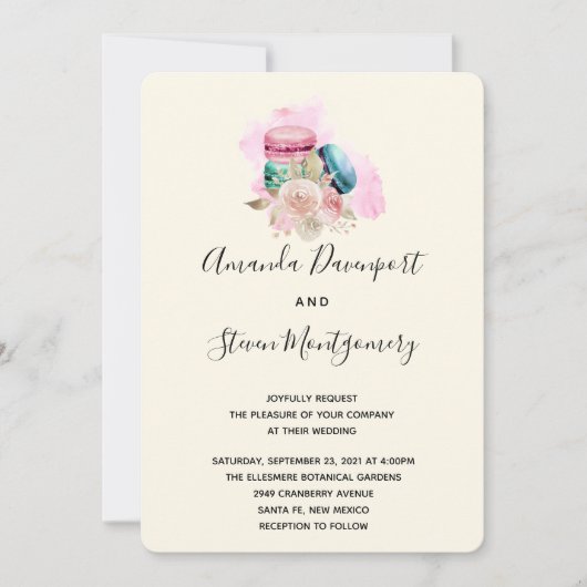 Macarons en Bloemen Watercolor Bruiloft Kaart (Voorkant)