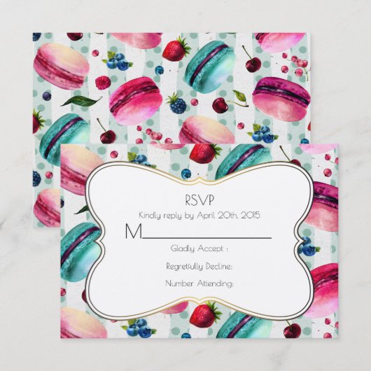 Macarons en een decoratief Lijst RSVP Kaartje (Voorkant / Achterkant)