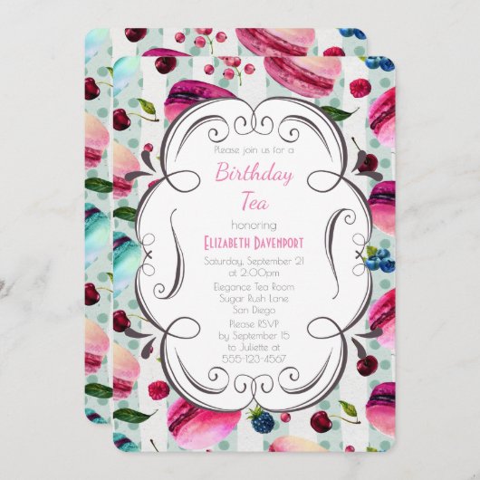 Macarons en een decoratief Lijst verjaardagsthee Kaart (Voorkant / Achterkant)