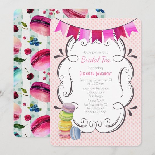 Macarons en Roze Polka Dots Bruidsthee Kaart (Voorkant / Achterkant)