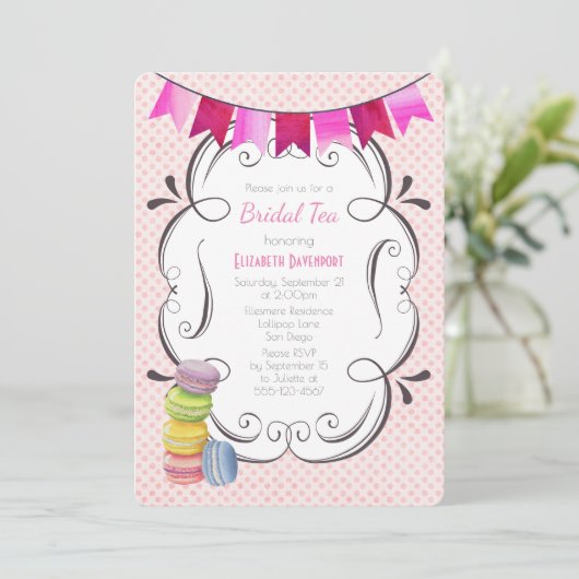 Macarons en Roze Polka Dots Bruidsthee Kaart (Staand voorkant)