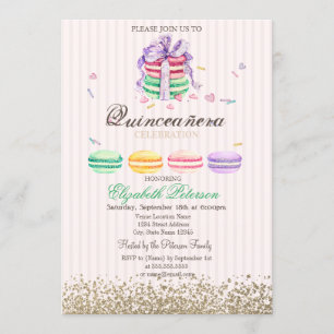 Macarons Faux Gold Diamonds Striped Quinceañera Kaart
