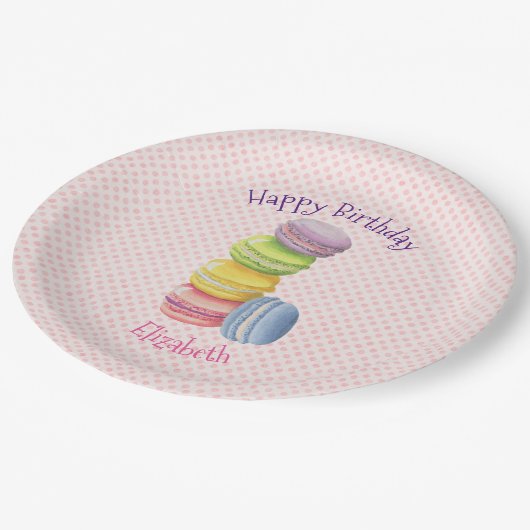 Macarons Frans gebak Polka Dots Happy Birthday Papieren Bordje (Gekanteld)