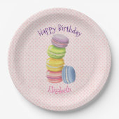 Macarons Frans gebak Polka Dots Happy Birthday Papieren Bordje (Voorkant)
