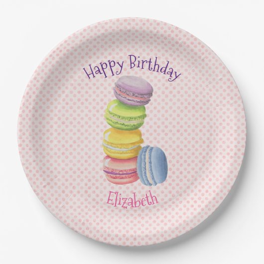 Macarons Frans gebak Polka Dots Happy Birthday Papieren Bordje (Voorkant)