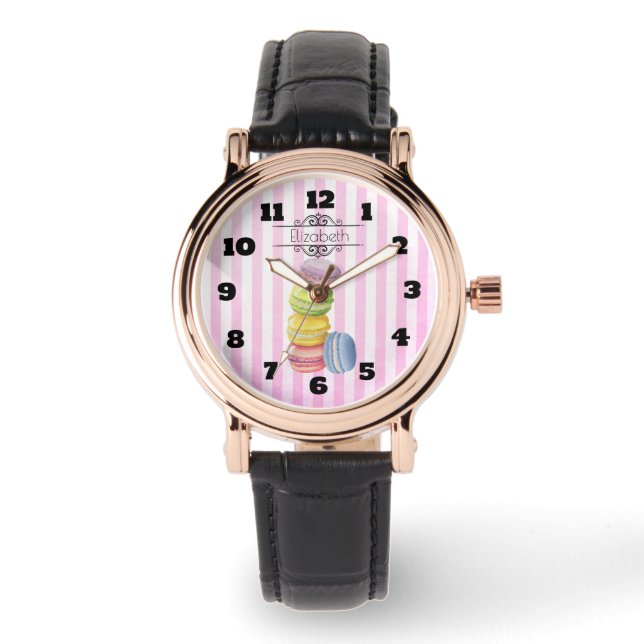 Macarons Franse Dessert in Waterverf Gepersonalise Horloge (Voorkant)