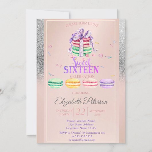 Macarons Silver Glitter Bokeh Sweet 16 Party Kaart (Voorkant)
