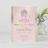 Macarons Silver Glitter Bokeh Sweet 16 Party Kaart (Staand voorkant)