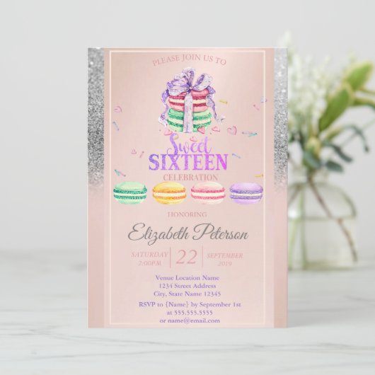 Macarons Silver Glitter Bokeh Sweet 16 Party Kaart (Staand voorkant)