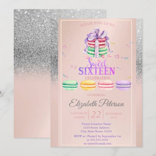 Macarons Silver Glitter Bokeh Sweet 16 Party Kaart (Voorkant / Achterkant)