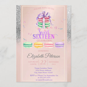 Macarons Silver Glitter Bokeh Sweet 16 Party Kaart