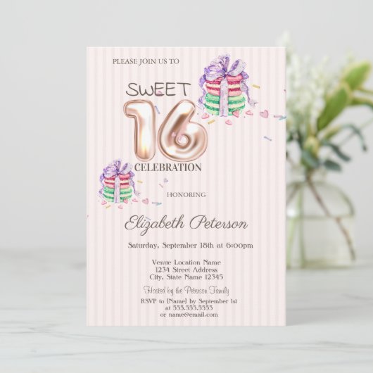 Macarons Stripes Roos Gold Sweet 16 Kaart (Staand voorkant)