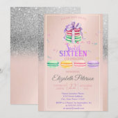 Macarons Zilver Glitter Bokeh Sweet 16 Feest Kaart (Voorkant / Achterkant)