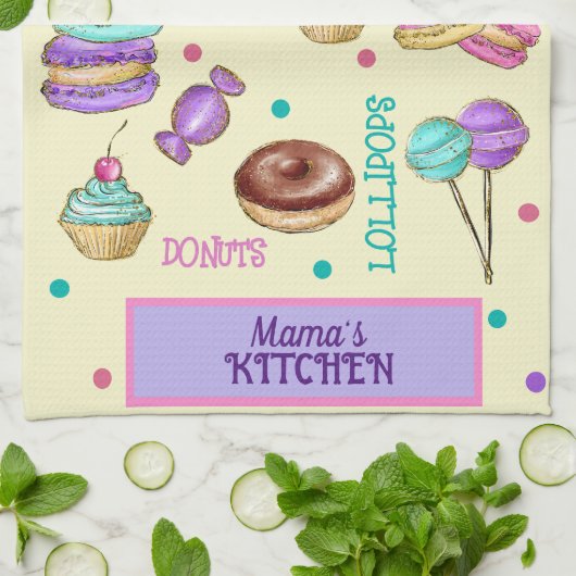 Macaroons Cupcakes Lollipops en Donuts Keuken Theedoek (Gevouwen)