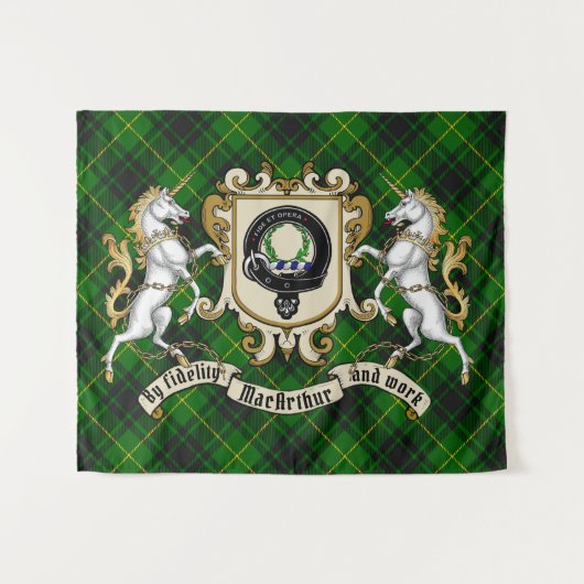MacArthur Clan Badge & Unicorns w/Tartan Wandkleed (Voorkant (horizontaal))