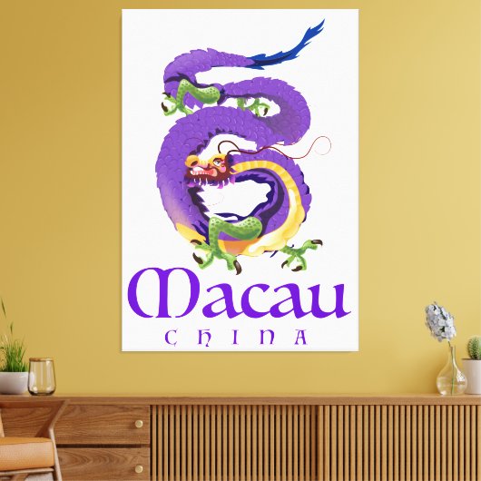 Macau China Dragon reisposter. Canvas Afdruk (Insitu (Woonkamer))