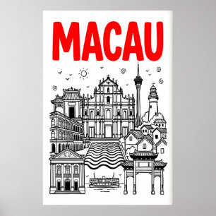 Macau Reisposter, Krachtige Rode Silhouette, Landm Poster
