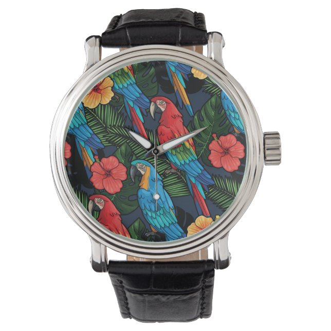 Macaw And Hibiscus Pattern Horloge (Voorkant)