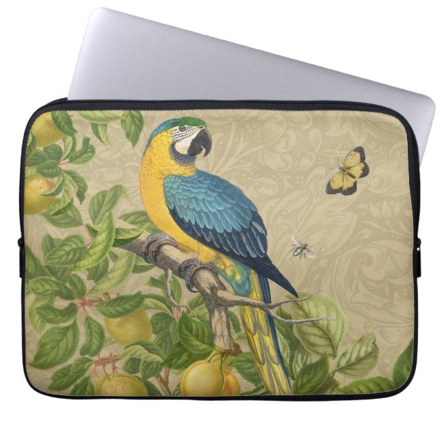 Macaw Blue Yellow Tropical Oerwoud Antiek Laptop Sleeve (Voorkant)