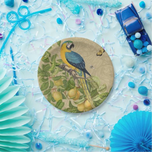 Macaw Blue Yellow Tropical Oerwoud Antiek Papieren Bordje (Feest)