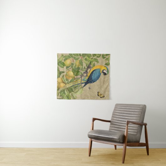 Macaw Blue Yellow Tropical Oerwoud Antiek Wandkleed (In Situ (horizontaal))