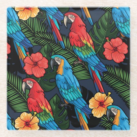 Macaw en Hibiscus Pattern Glazen Onderzetter (Voorkant)