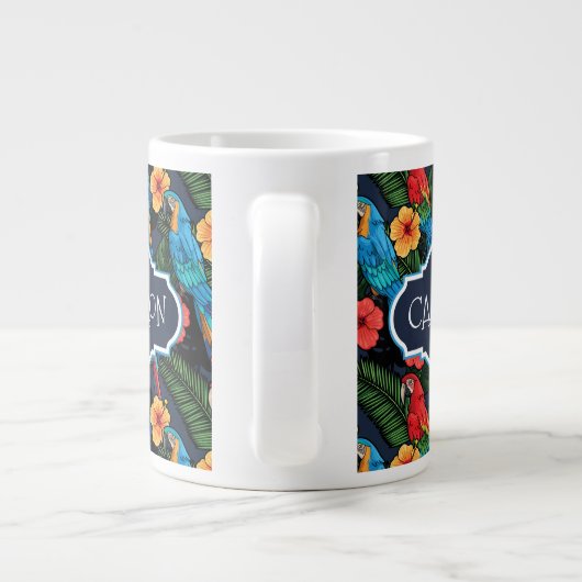 Macaw en Hibiscus Pattern | Jouw namen toevoegen Grote Koffiekop (Achterkant)