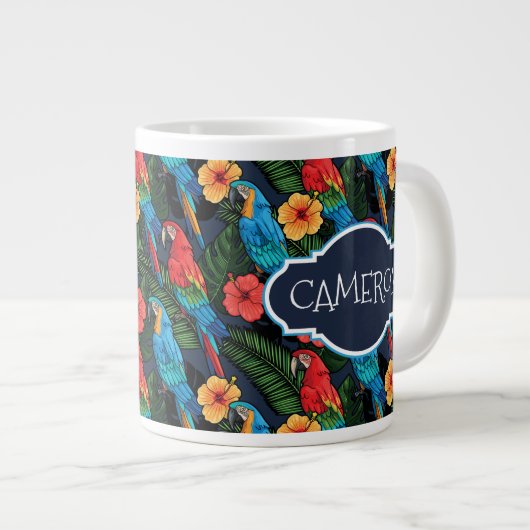Macaw en Hibiscus Pattern | Jouw namen toevoegen Grote Koffiekop (Voorkant rechts)