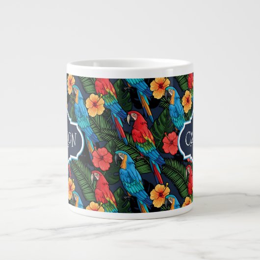 Macaw en Hibiscus Pattern | Jouw namen toevoegen Grote Koffiekop (Voorkant)