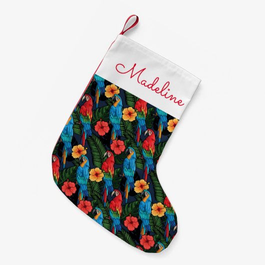 Macaw en Hibiscus Pattern | Jouw namen toevoegen Kleine Kerstsok (Voorkant (Hangend))