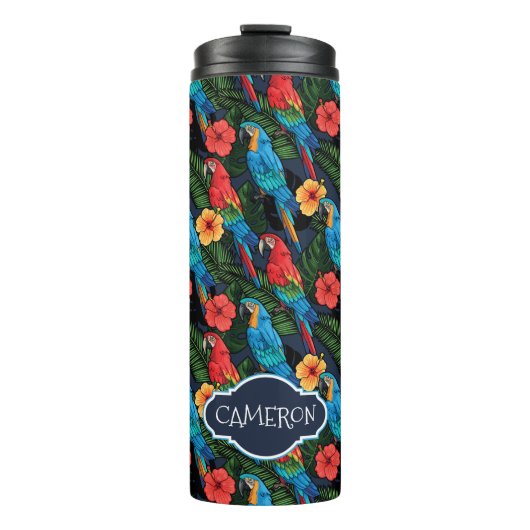 Macaw en Hibiscus Pattern | Jouw namen toevoegen Thermosbeker (Voorkant)