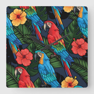 Macaw en Hibiscus Pattern Vierkante Klok