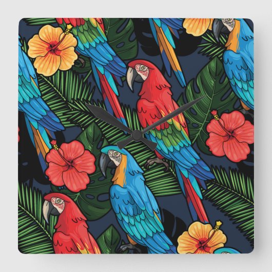 Macaw en Hibiscus Pattern Vierkante Klok (Voorkant)