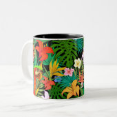 Macaw, multicolored Flowers & Palmbladeren Tweekleurige Koffiemok (Voorkant links)