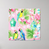 Macaw papegaaien en chinoiserie potjes op zacht ro canvas afdruk (Voorkant)