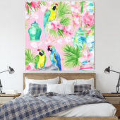 Macaw papegaaien en chinoiserie potjes op zacht ro canvas afdruk (Insitu (Slaapkamer))