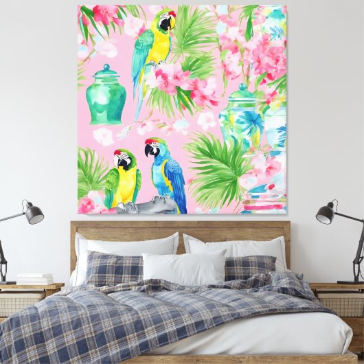 Macaw papegaaien en chinoiserie potjes op zacht ro canvas afdruk (Insitu (Slaapkamer))