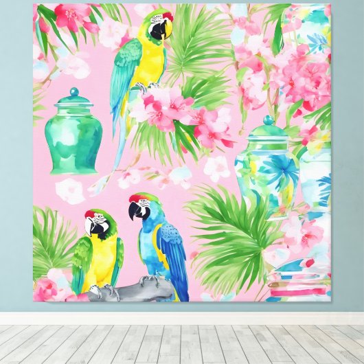 Macaw papegaaien en chinoiserie potjes op zacht ro canvas afdruk (Insitu (Houten vloer))