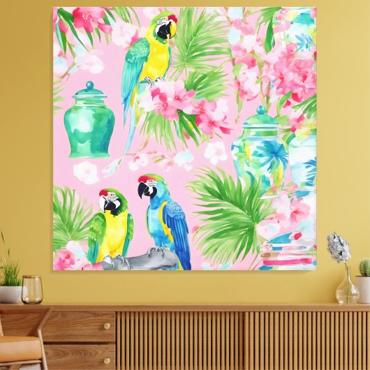 Macaw papegaaien en chinoiserie potjes op zacht ro canvas afdruk (Insitu (Woonkamer))